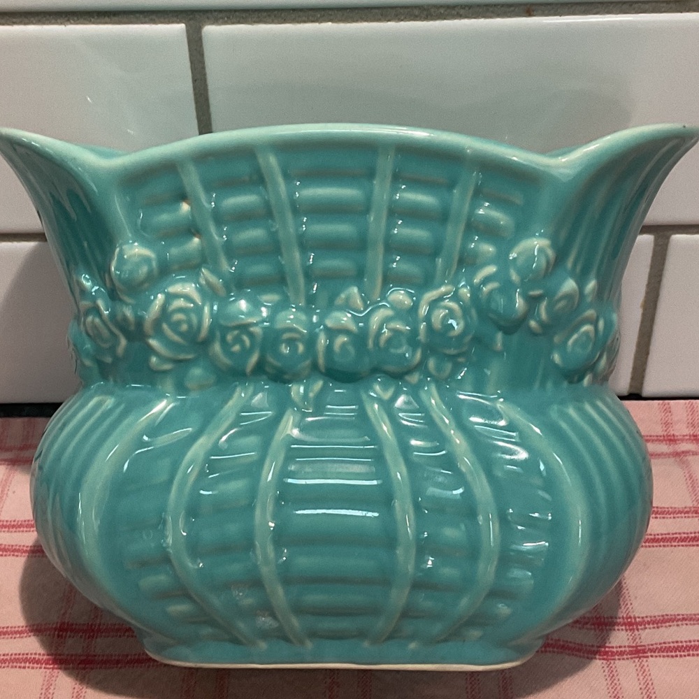 Shawnee Pottery turquoise planter vase. Rose basket.